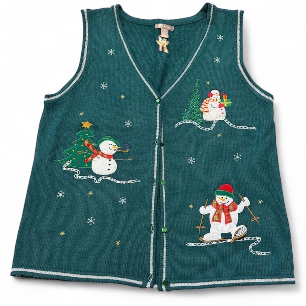 White Stag Christmas Vest XL/XG (16-18)‎ Snowman Embroidered Green Holiday